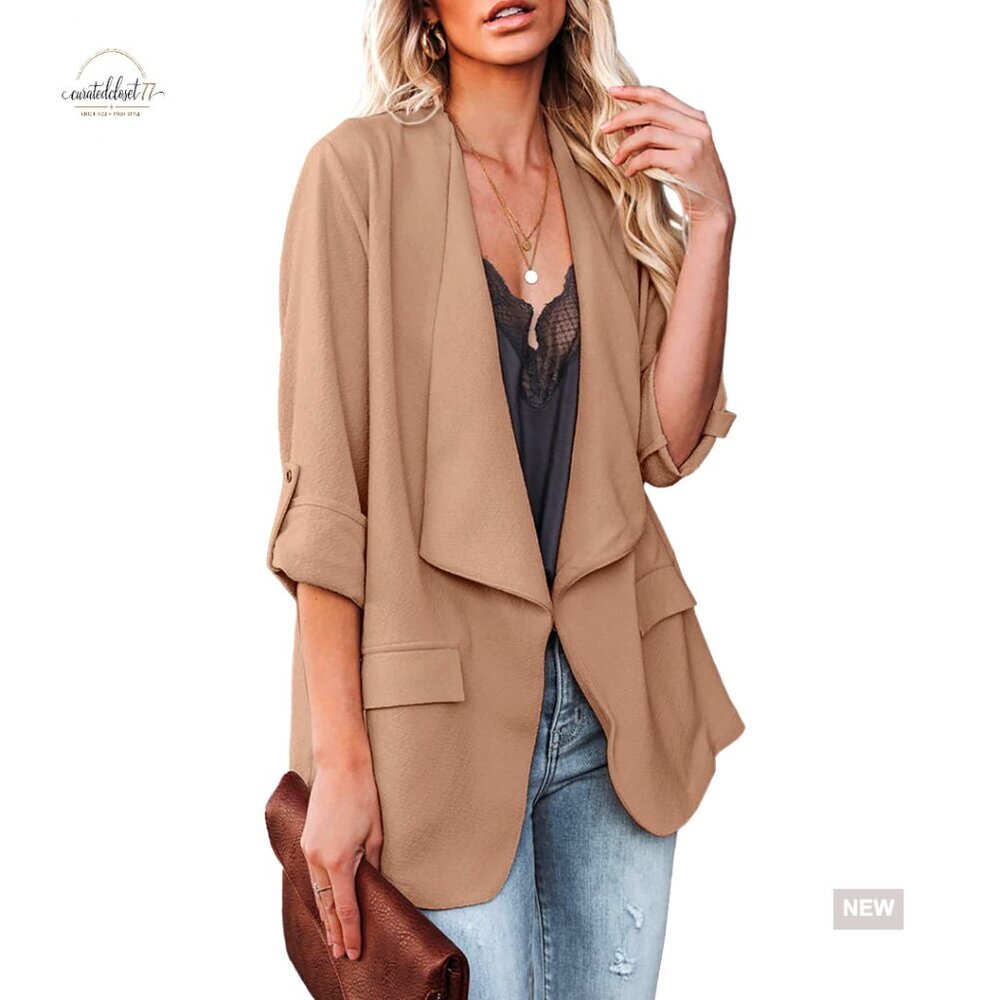 Casual Blazer Jacket Roll Up Sleeves Open Front Work Office Business Chic